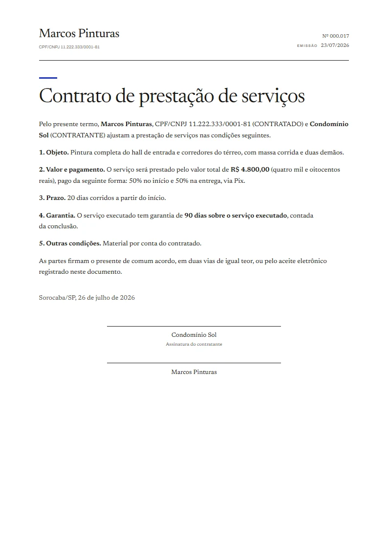 Exemplo de contrato de prestação de serviços pronto, gerado no Reciba