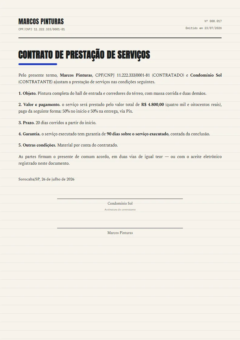 Exemplo de contrato de prestação de serviços pronto, gerado no Reciba