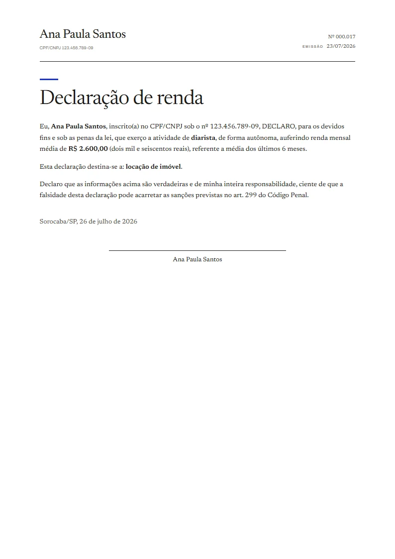 Exemplo de declaração de renda pronto, gerado no Reciba