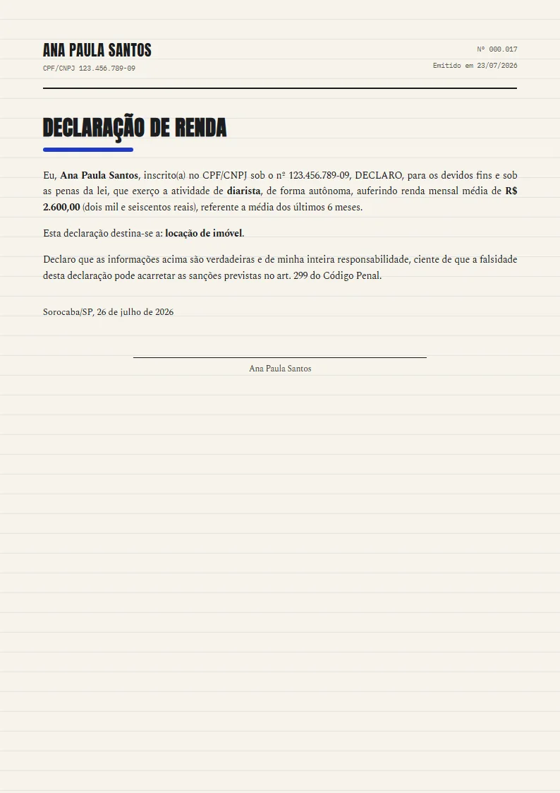 Exemplo de declaração de renda pronto, gerado no Reciba