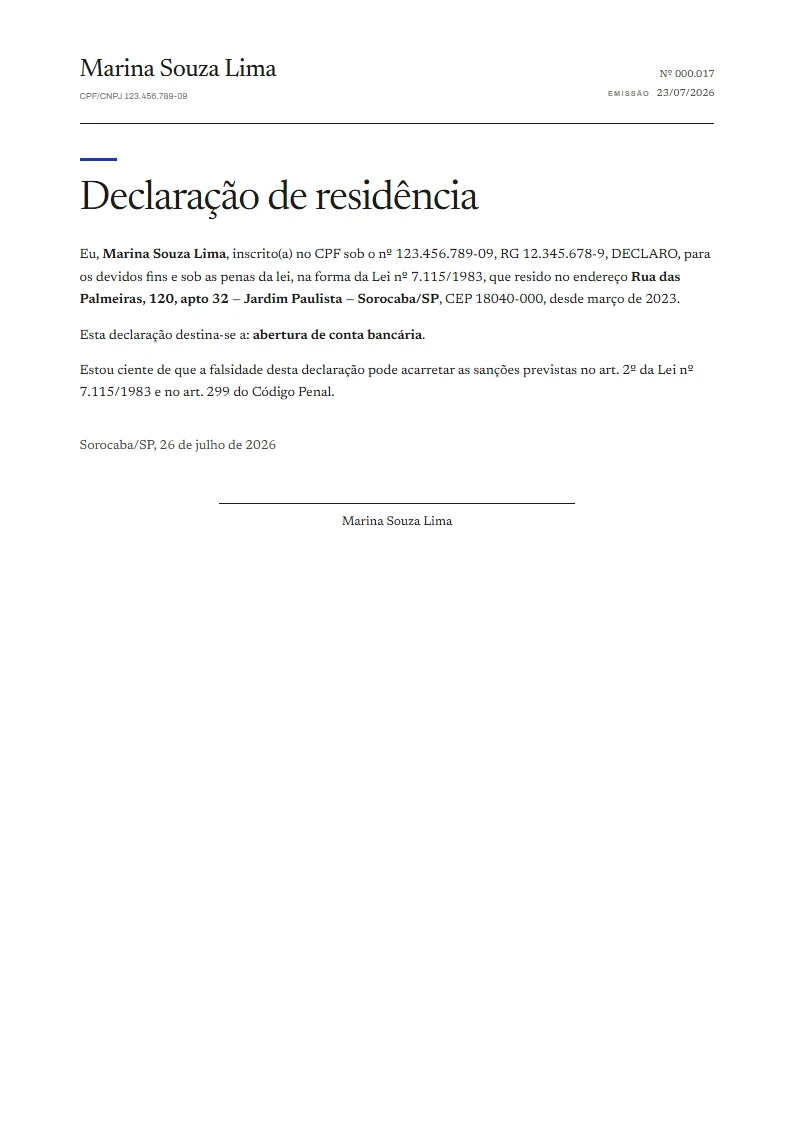 Exemplo de declaração de residência pronto, gerado no Reciba