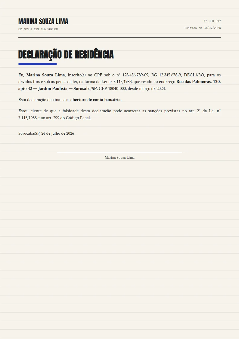 Exemplo de declaração de residência pronto, gerado no Reciba
