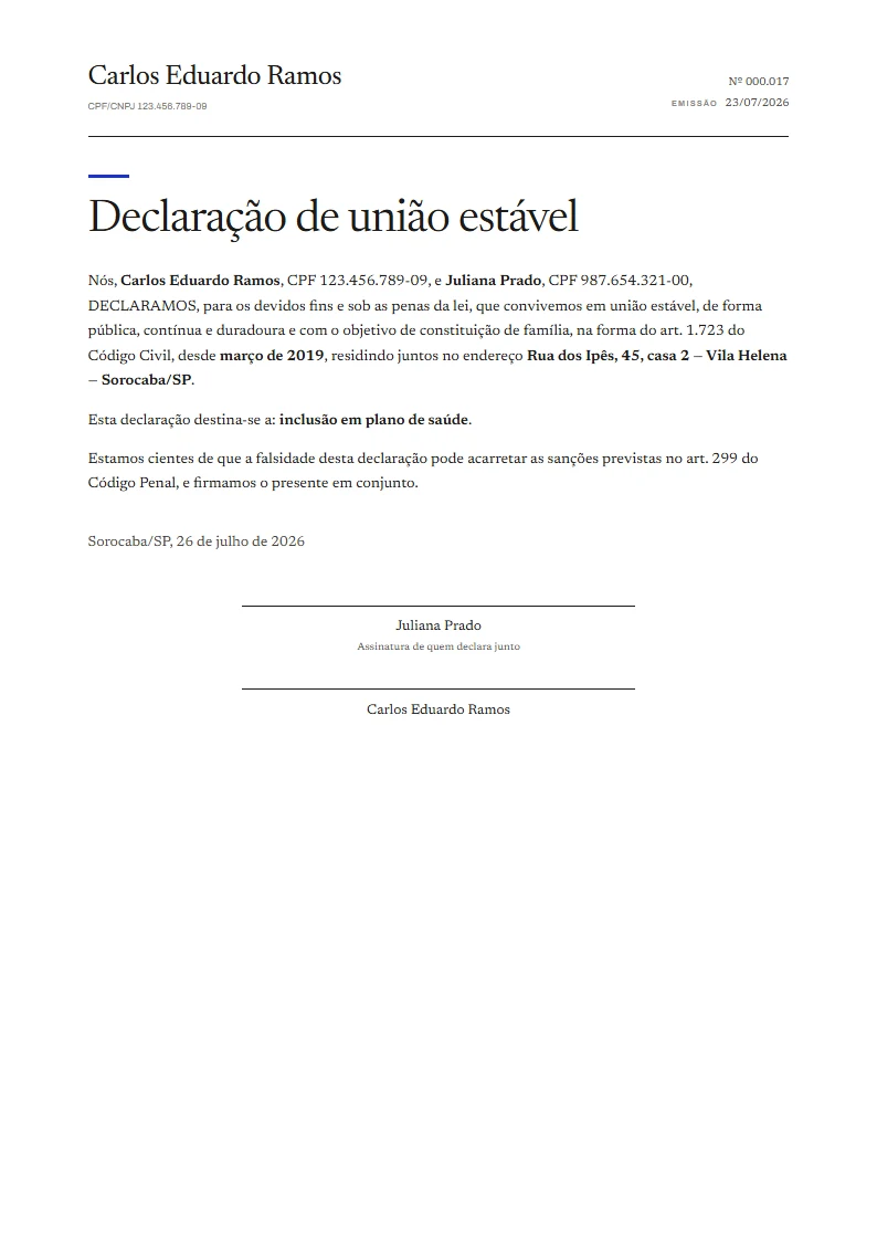 Exemplo de declaração de união estável pronto, gerado no Reciba