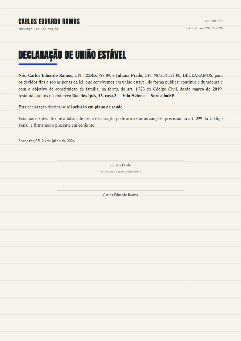 Exemplo de declaração de união estável pronto, gerado no Reciba