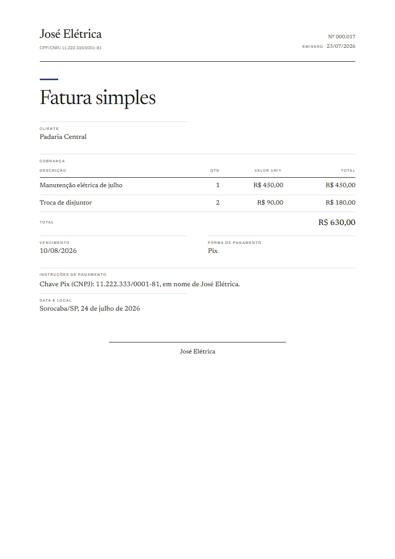 Exemplo de fatura simples pronto, gerado no Reciba