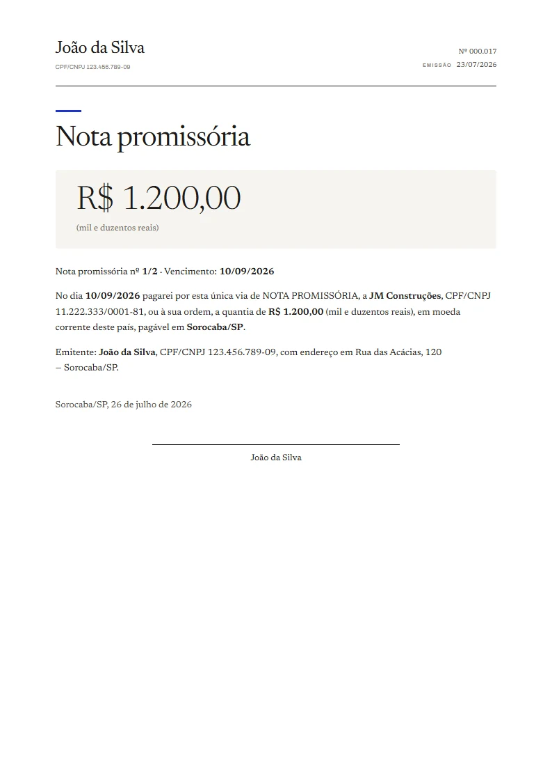 Exemplo de nota promissória pronto, gerado no Reciba