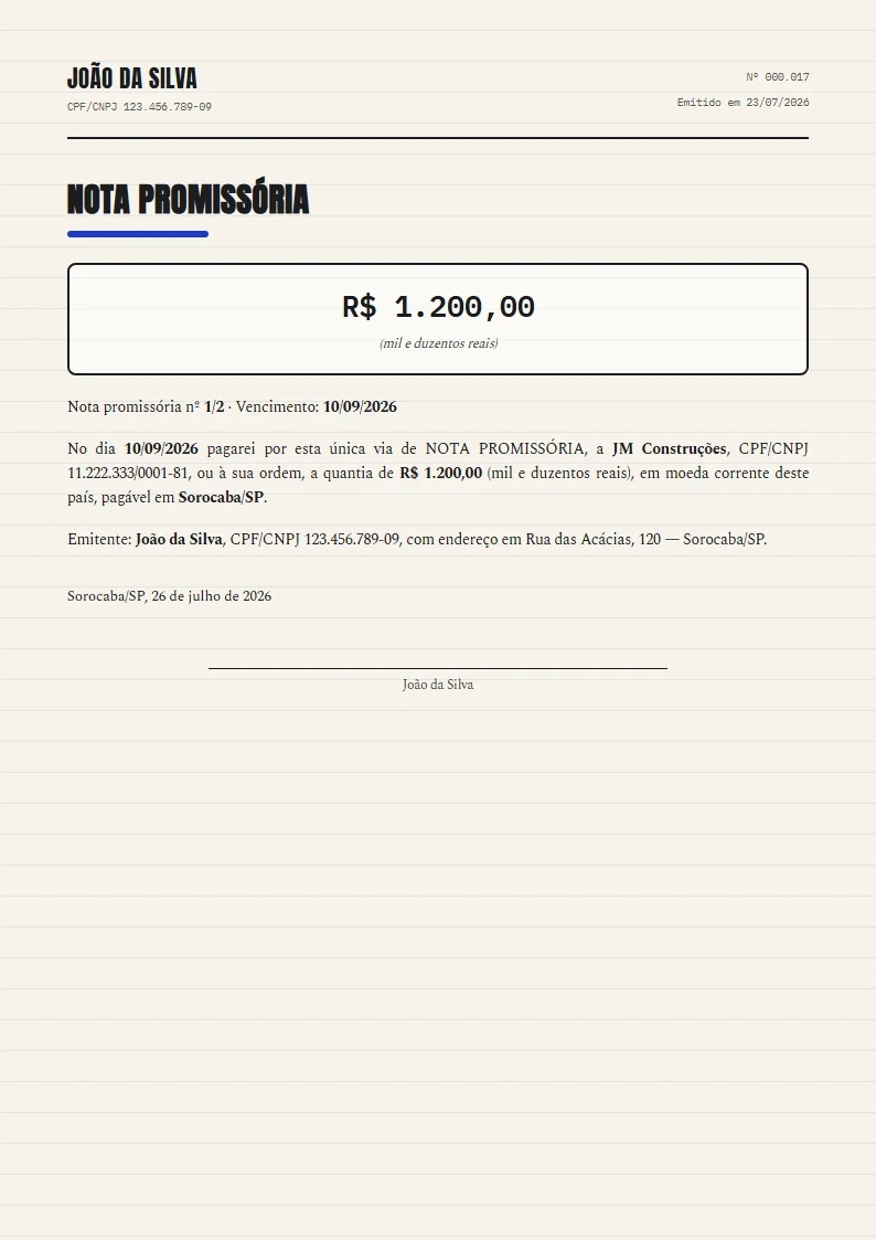 Exemplo de nota promissória pronto, gerado no Reciba