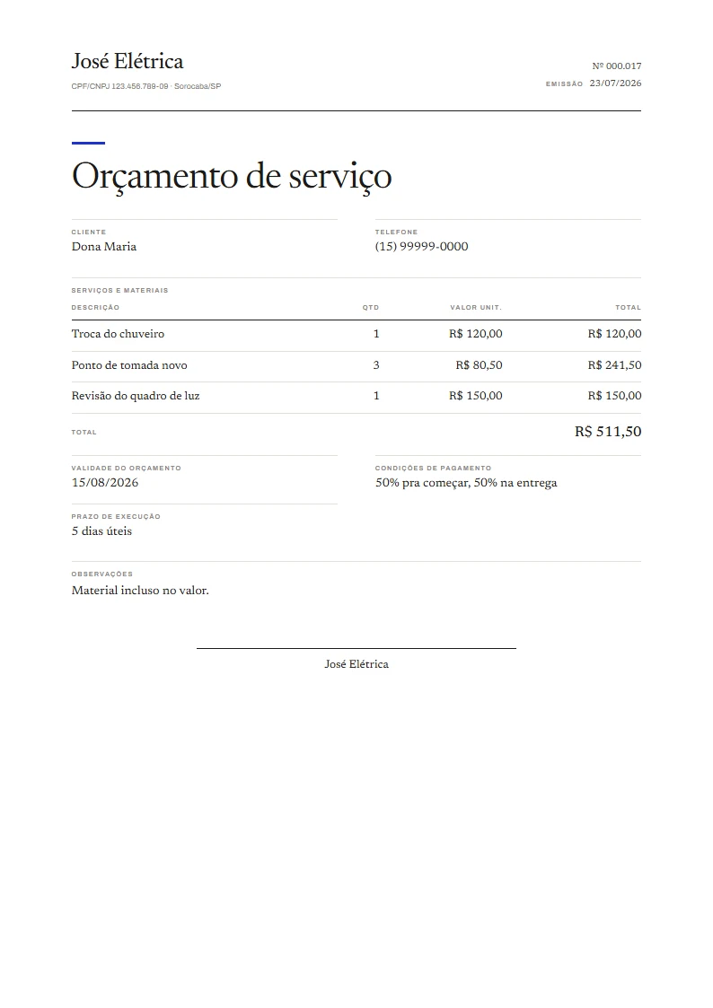 Exemplo de orçamento de serviço pronto, gerado no Reciba
