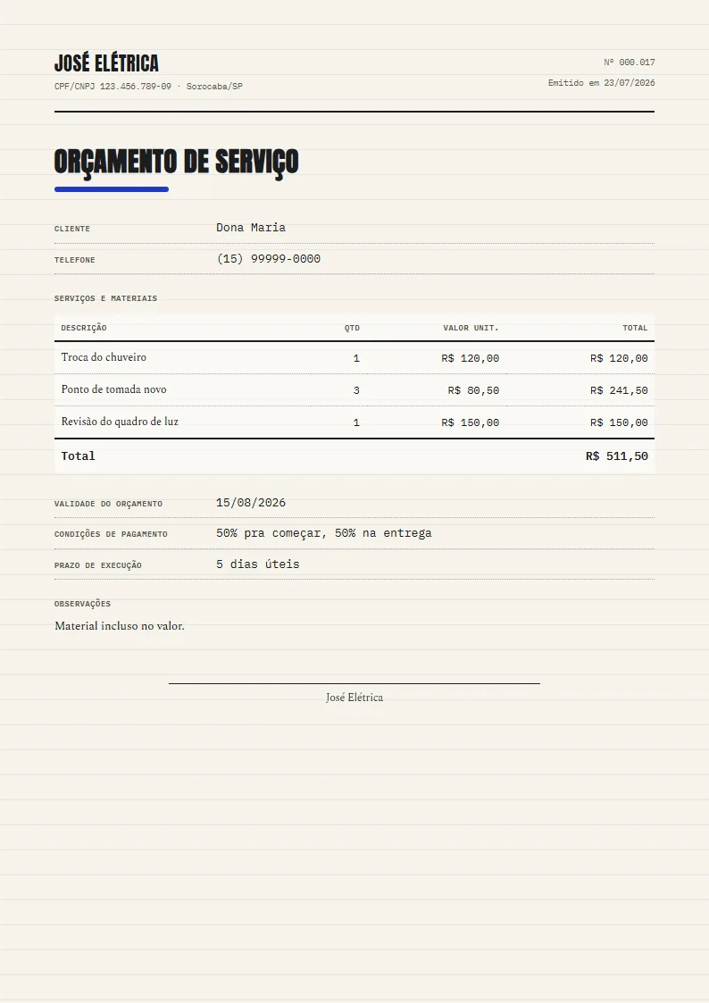 Exemplo de orçamento de serviço pronto, gerado no Reciba