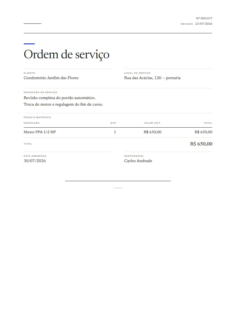 Exemplo de ordem de serviço pronto, gerado no Reciba