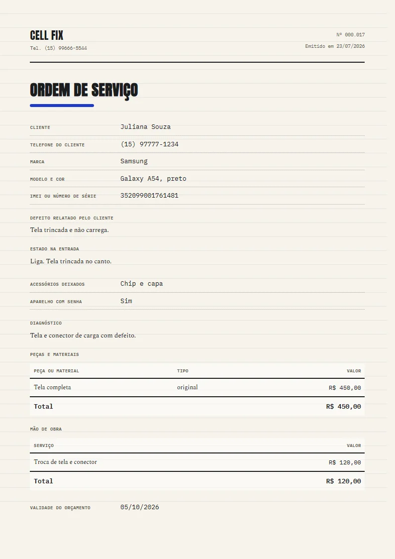 Exemplo de ordem de serviço de celular pronto, gerado no Reciba