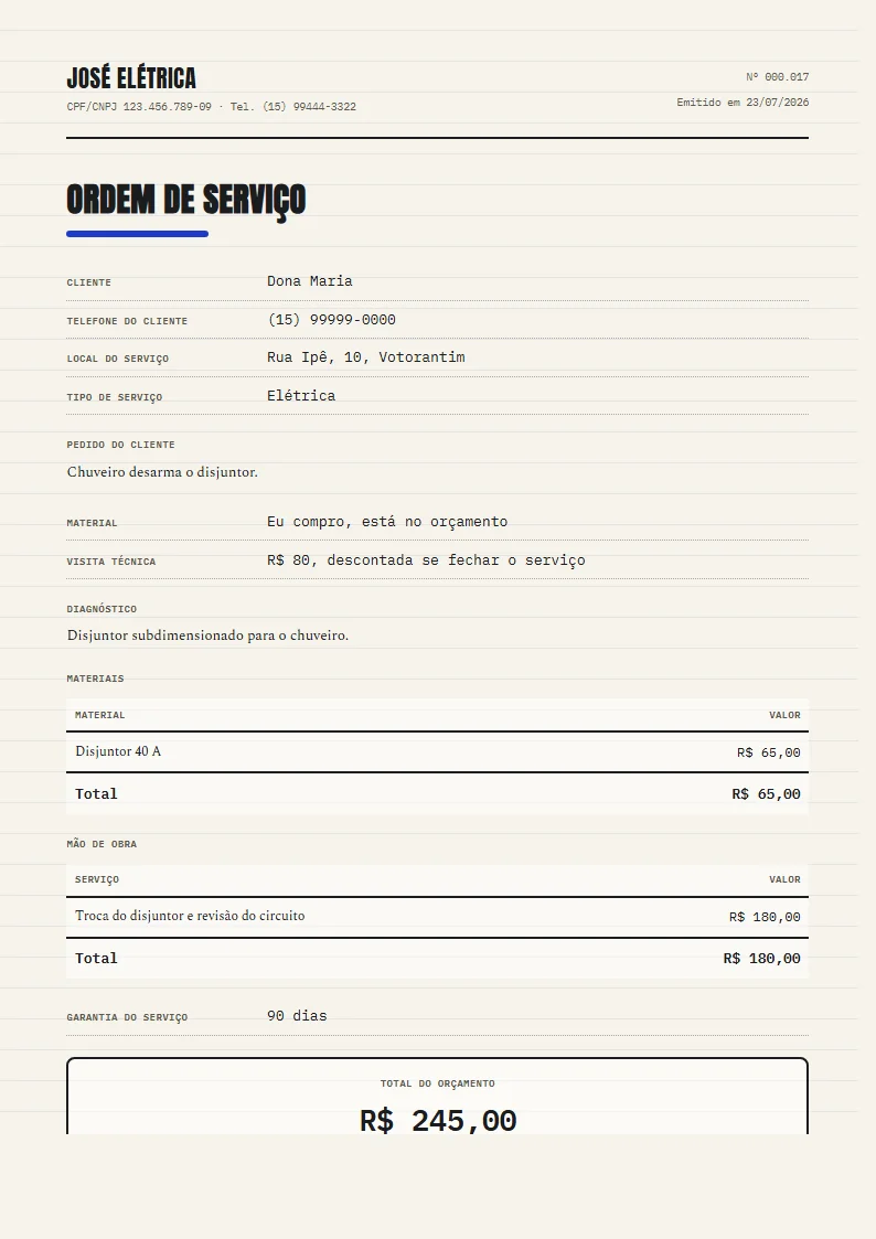 Exemplo de ordem de serviço de eletricista pronto, gerado no Reciba