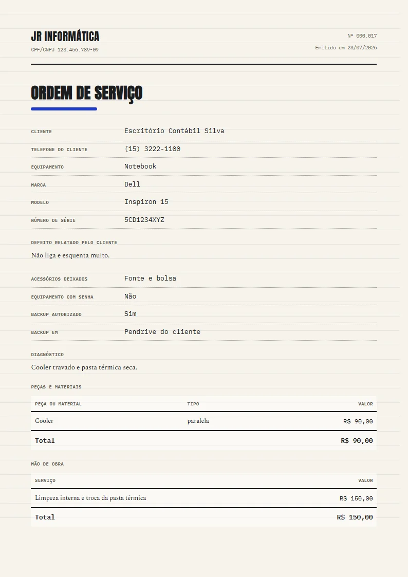 Exemplo de ordem de serviço de informática pronto, gerado no Reciba