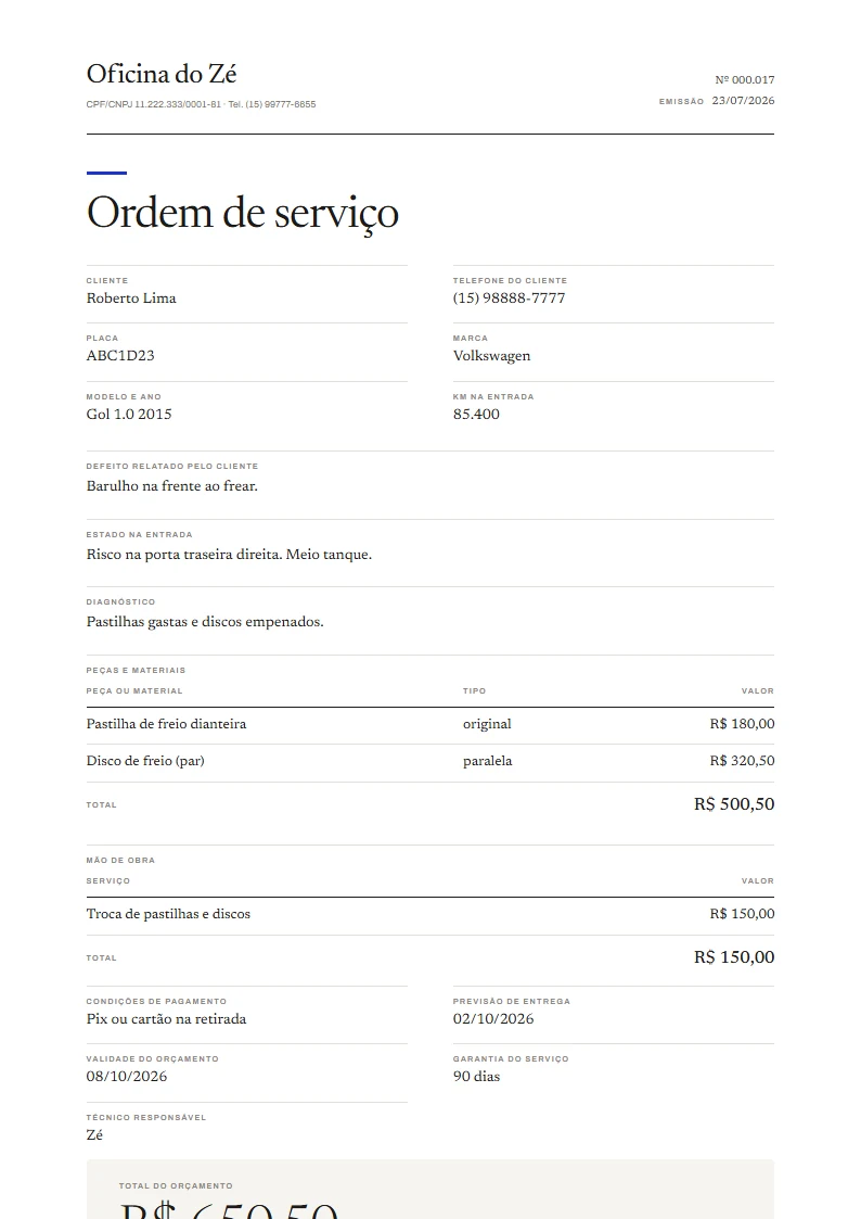 Exemplo de ordem de serviço de oficina mecânica pronto, gerado no Reciba