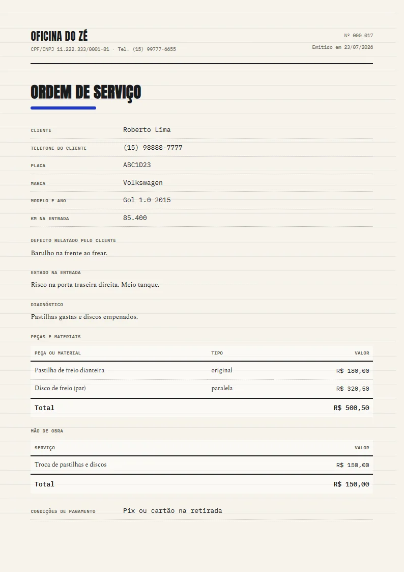 Exemplo de ordem de serviço de oficina mecânica pronto, gerado no Reciba