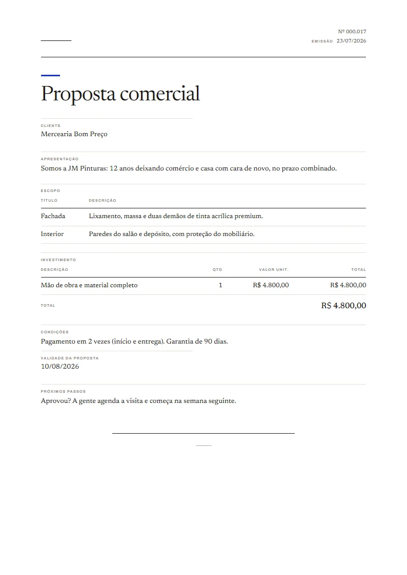 Exemplo de proposta comercial pronto, gerado no Reciba