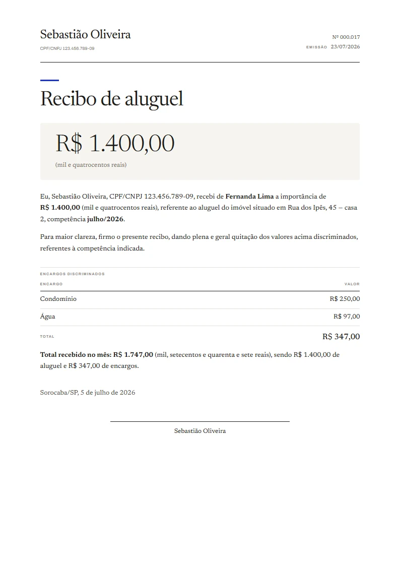 Exemplo de recibo de aluguel pronto, gerado no Reciba