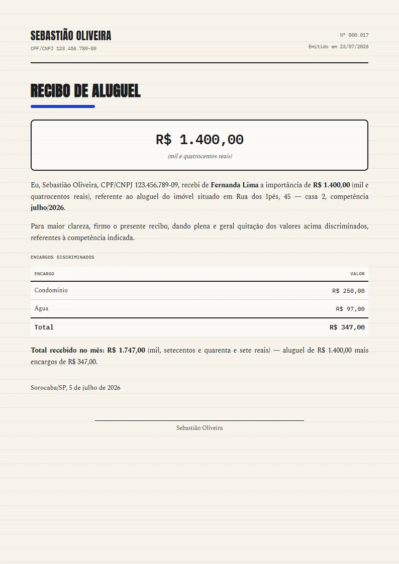 Exemplo de recibo de aluguel pronto, gerado no Reciba