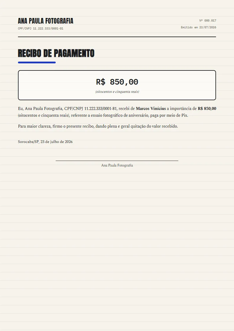 Exemplo de recibo de pagamento pronto, gerado no Reciba