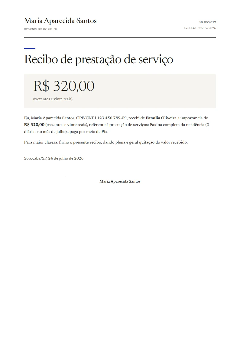 Exemplo de recibo de prestação de serviço pronto, gerado no Reciba