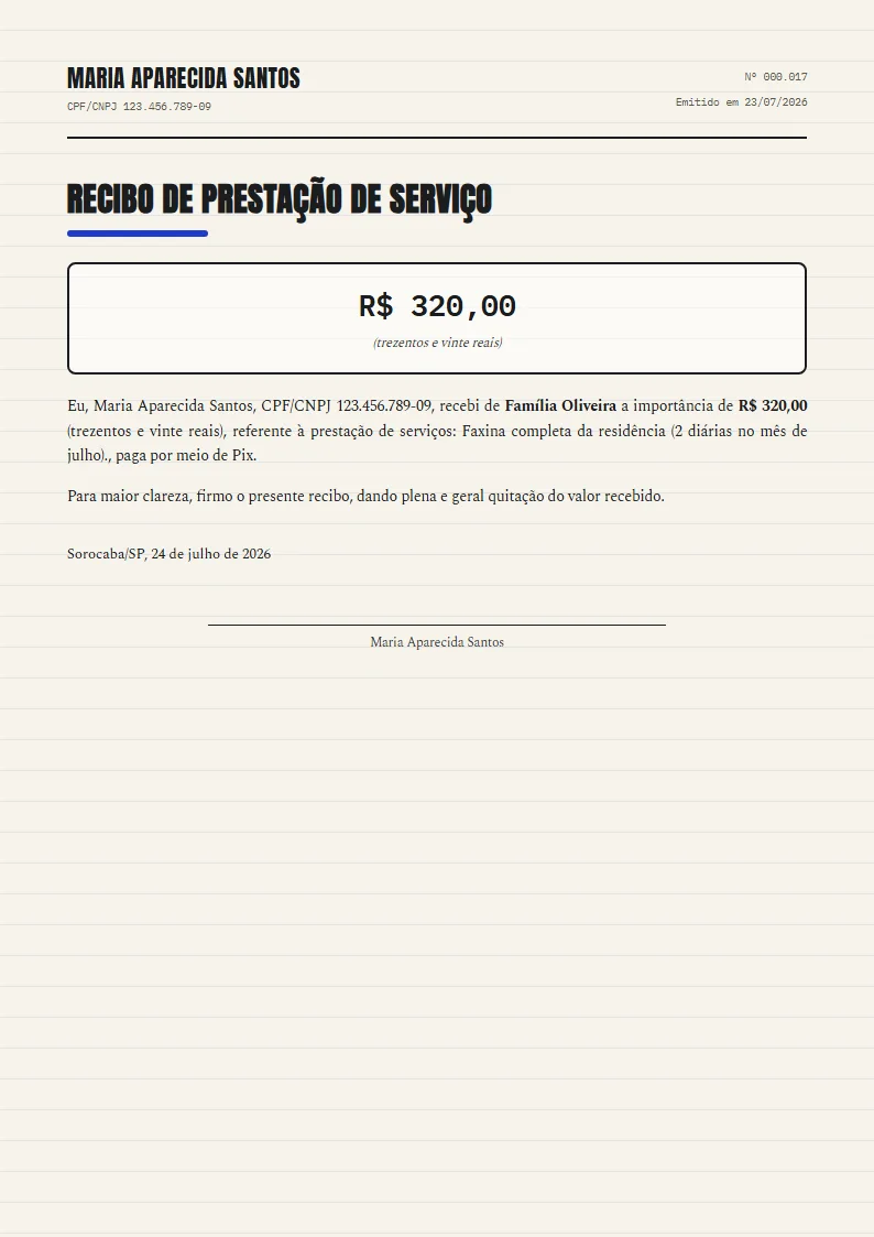 Exemplo de recibo de prestação de serviço pronto, gerado no Reciba