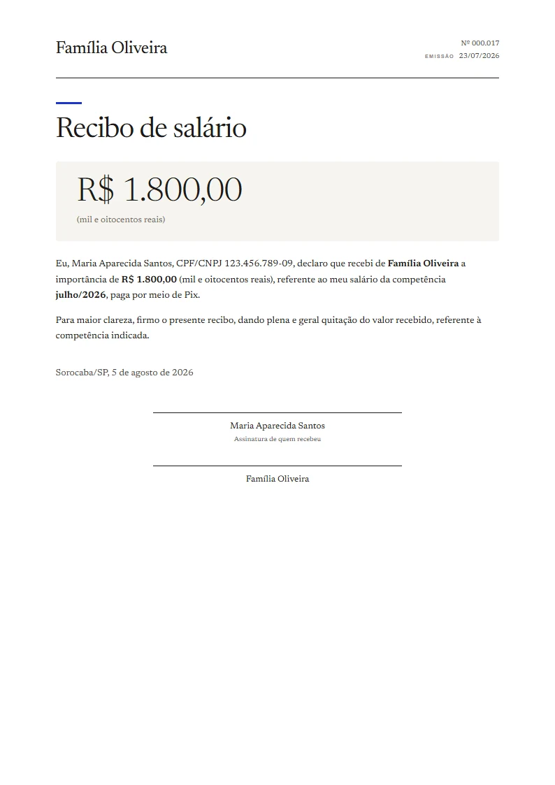 Exemplo de recibo de salário pronto, gerado no Reciba