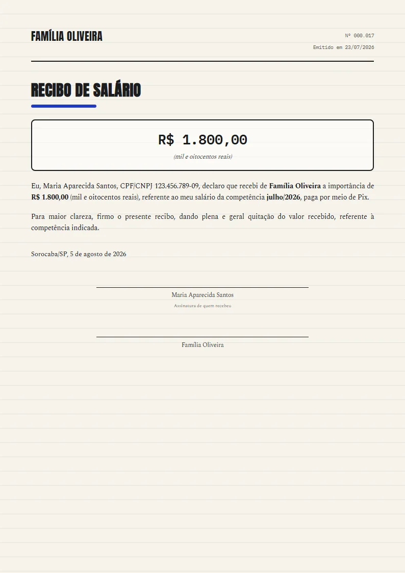Exemplo de recibo de salário pronto, gerado no Reciba