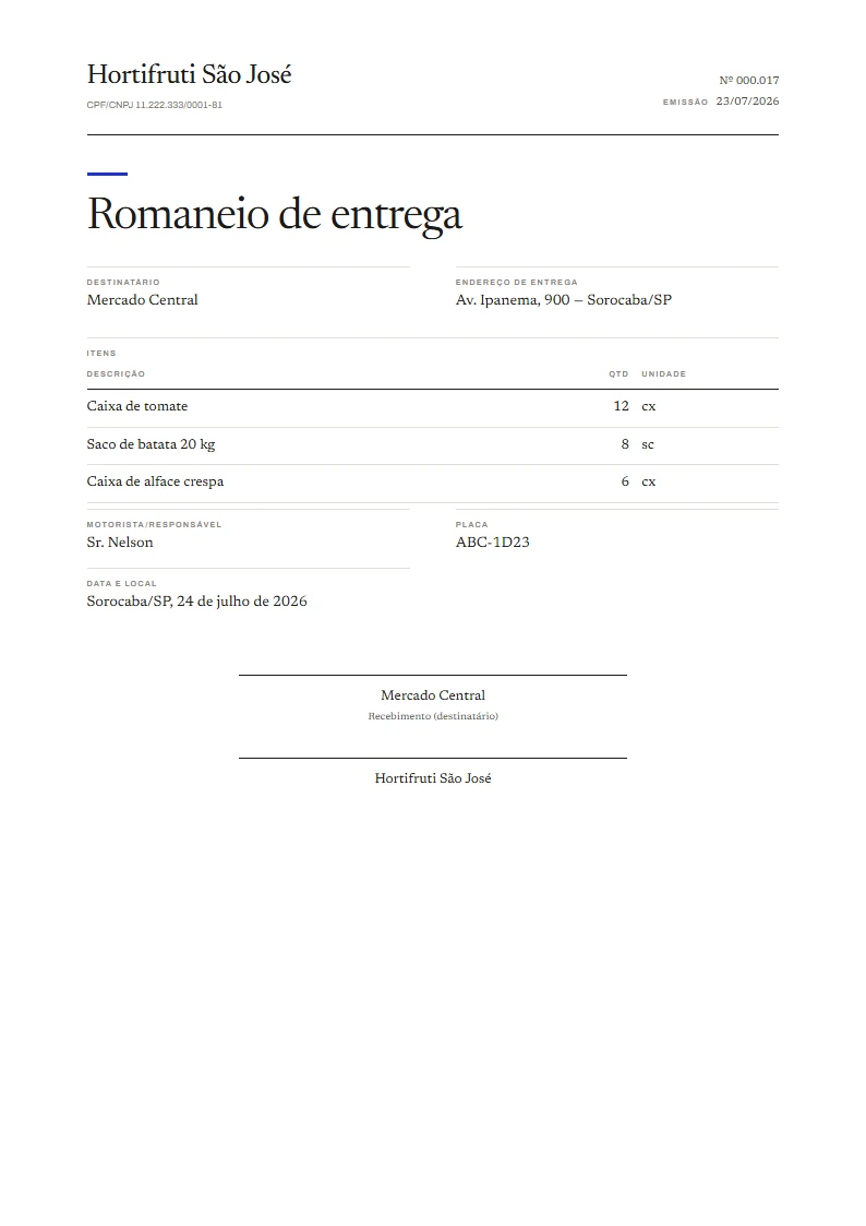 Exemplo de romaneio de entrega pronto, gerado no Reciba