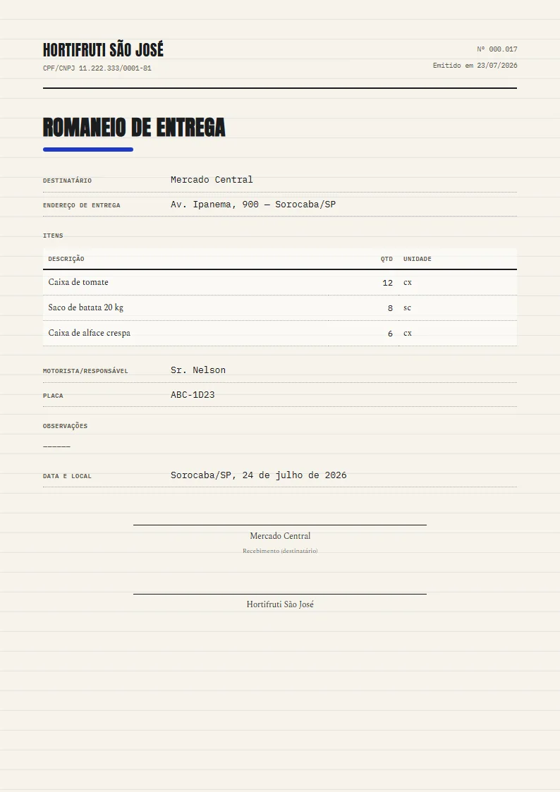 Exemplo de romaneio de entrega pronto, gerado no Reciba