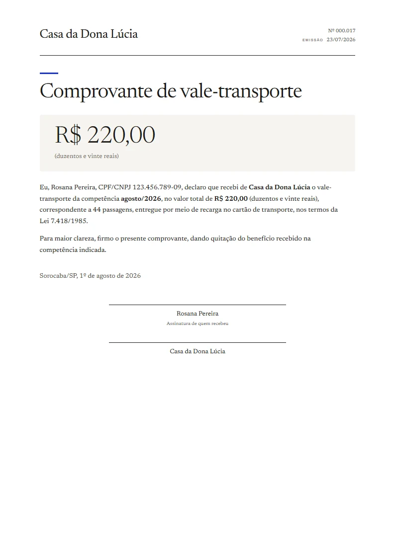 Exemplo de comprovante de vale-transporte pronto, gerado no Reciba