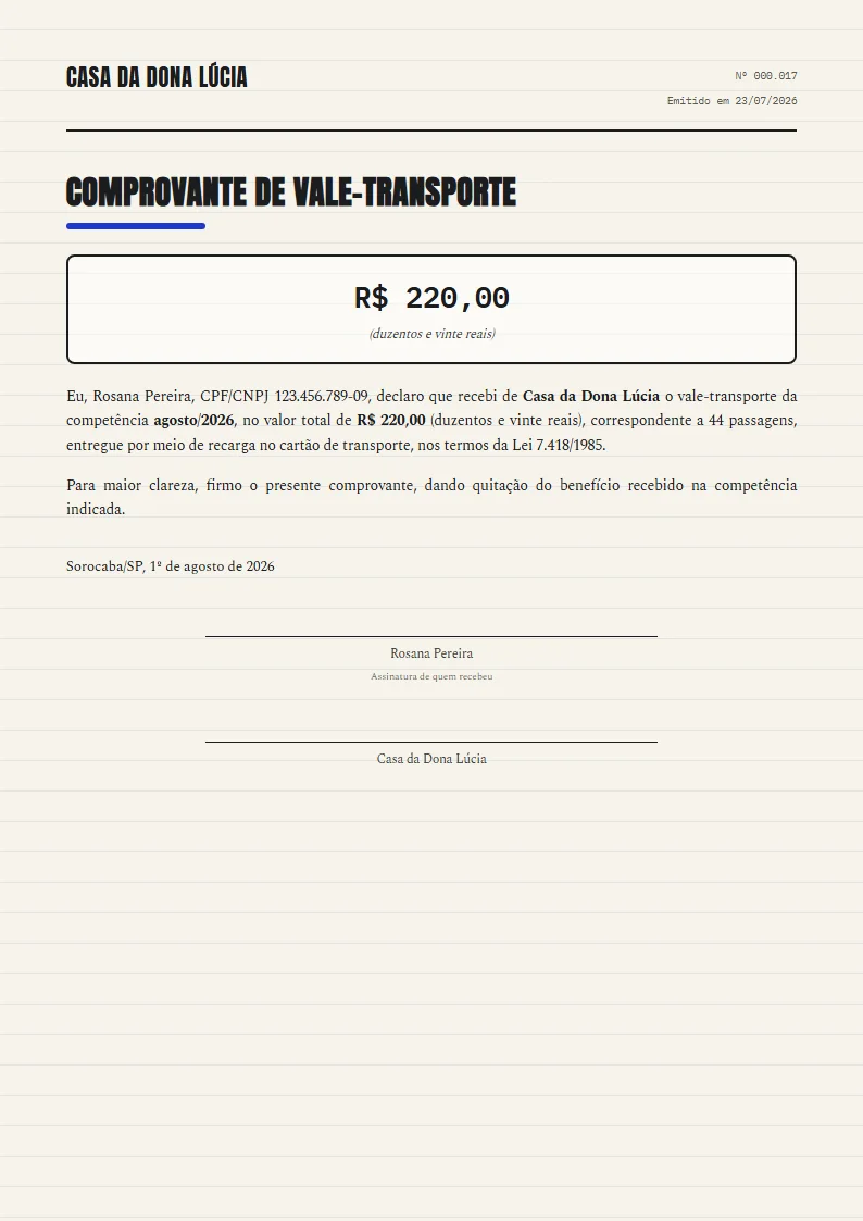 Exemplo de comprovante de vale-transporte pronto, gerado no Reciba