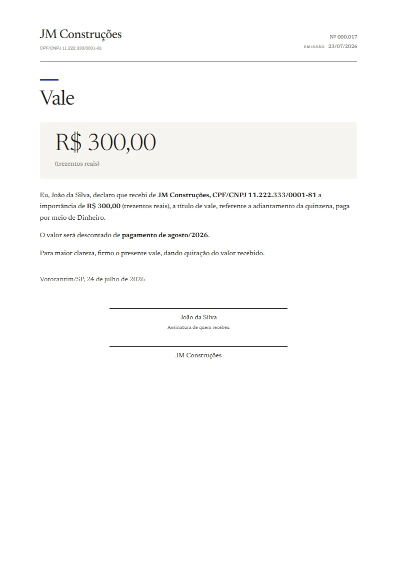 Exemplo de vale pronto, gerado no Reciba