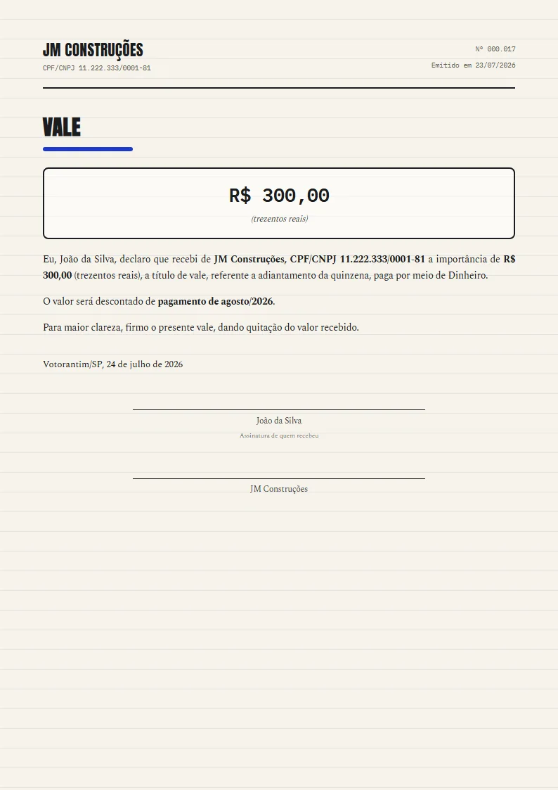 Exemplo de vale pronto, gerado no Reciba