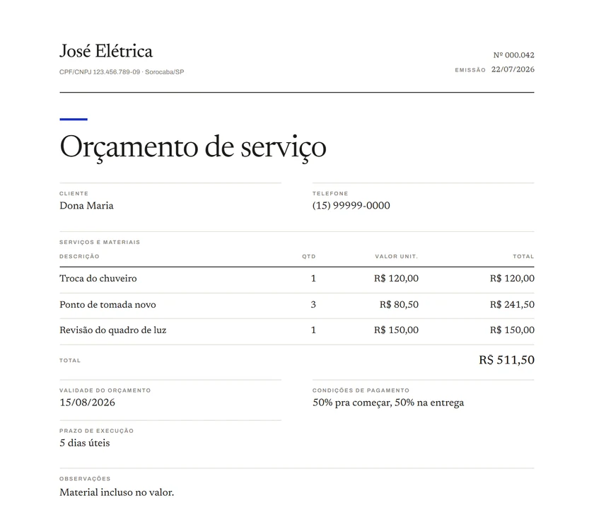 Orçamento de serviço gerado no Reciba: cabeçalho com logo, itens com total automático e numeração