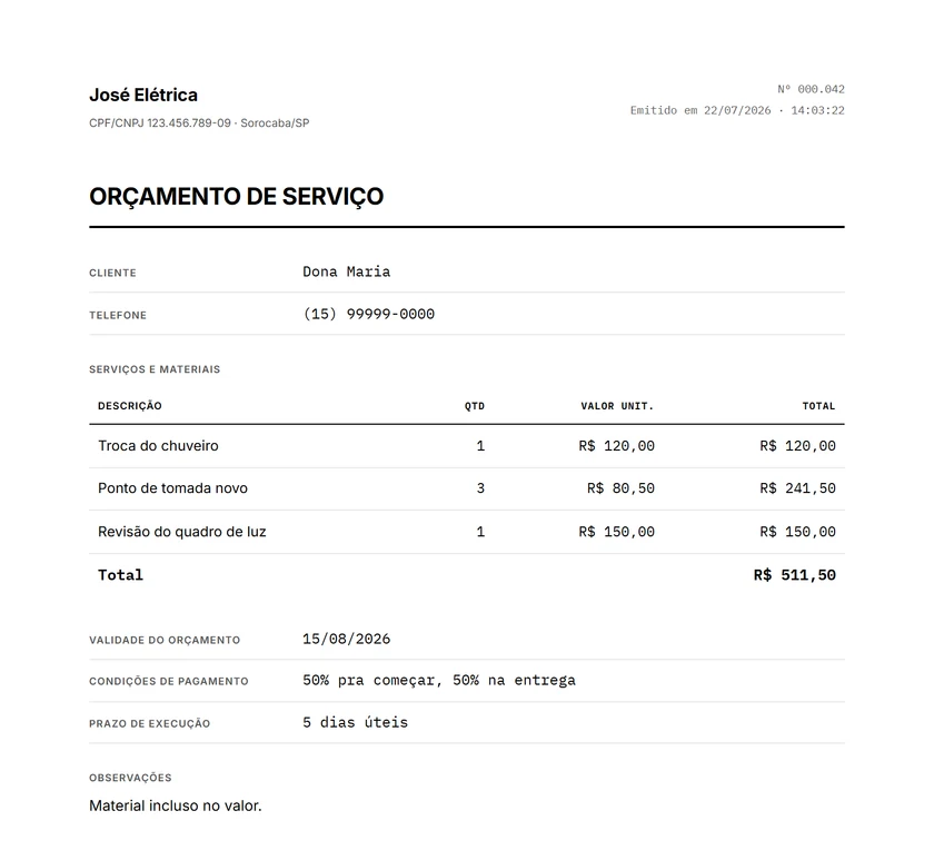 Orçamento de serviço gerado no Reciba: cabeçalho com logo, itens com total automático e numeração